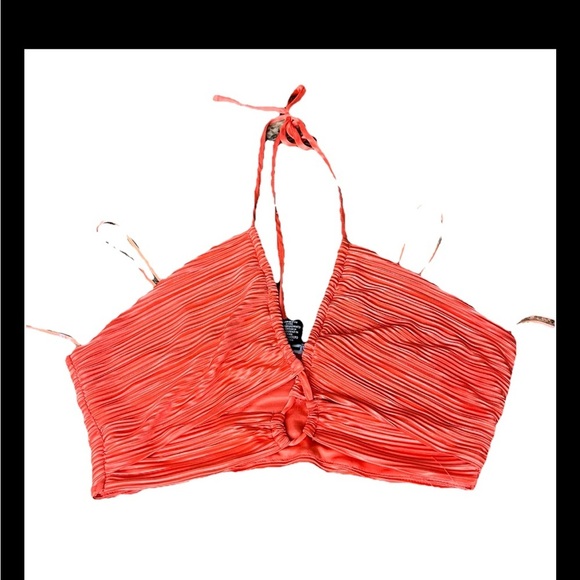 Sincerely Jules Orange Crinkle Pleated Halter Crop Top Ruched Boho Coastal L - Picture 7 of 11